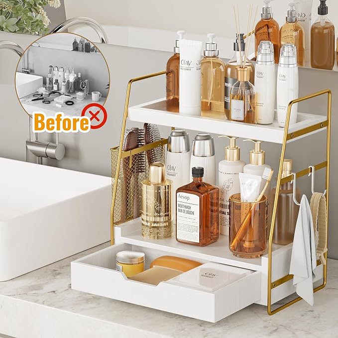 2 Tier Bathroom Counter Organizer Wood - Tiered Bathroom Countertop Shelf with Drawer, Removable Basket & 2 Hooks, Makeup Vanity Organizer for Skincare Perfume Toiletries, 13'' White Gold