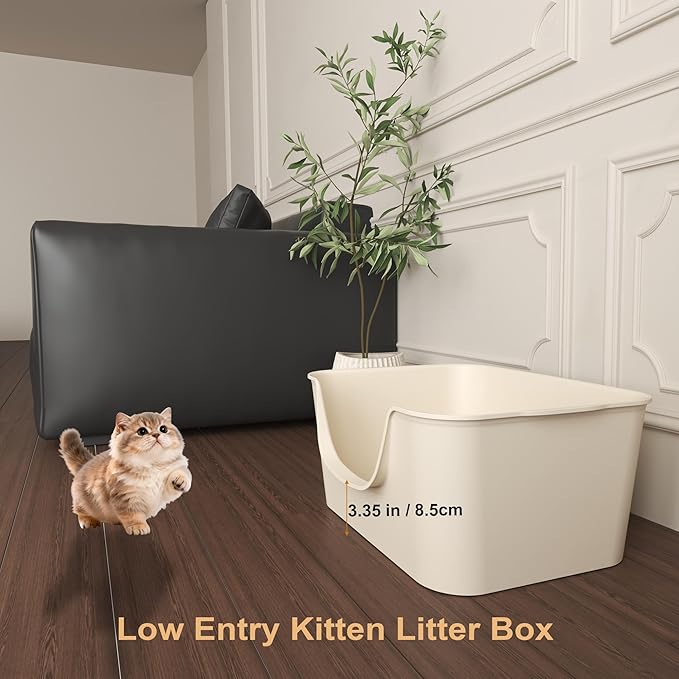 Low Entry Cat Litter Box with High Sides - Open-Top Anti-Splash, Durable Easy-Clean Pan for Kittens, Munchkin Cats, Senior Medium-Sized Cats & Small Pets (Rabbits), 19.3”x13.3”x7.8” Beige