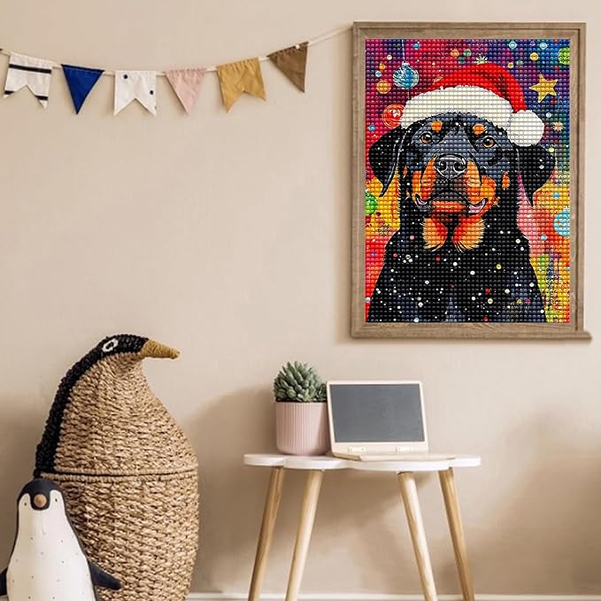 Rottweiler Wearing A Santa Hat Diamond Art Kits for Adults, Christmas DIY 5d Diamond Painting Kits for Beginners, Can Be Used As A Gift for Home and Wall Decoration 16 * 20Inch