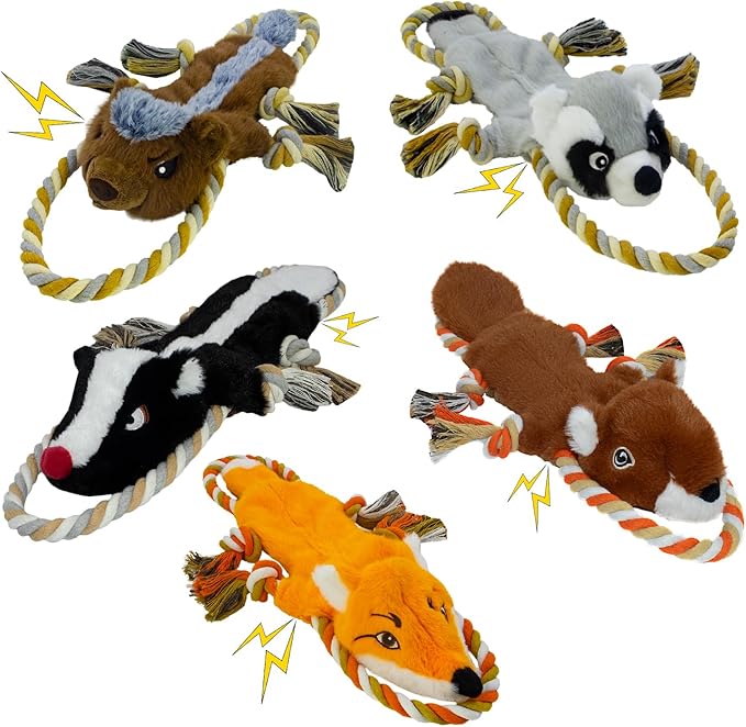 Dog Squeaky Toys, No Stuffing 5-Pack Dog Toys, Crinkle Plush Dog Toys to Keep Them Busy, Rope Dog Toys for Tug of War, Animal Shapes Dog Toys Bundle for Large, Medium and Small Dogs