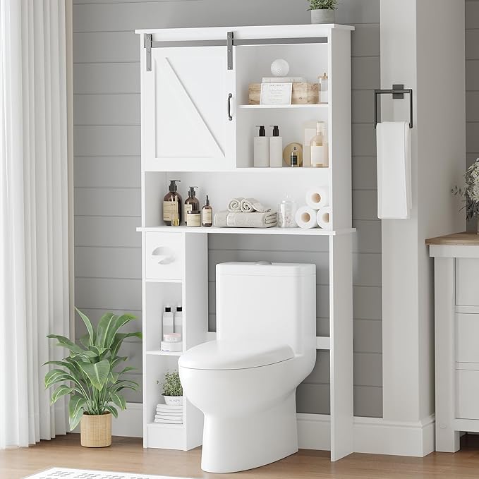 Over the Toilet Storage Cabinet Bathroom Shelf over toilet with Sliding Barn Door, Toilet Organizer with Toilet Paper Holder, Toilet Organizer Rack with Adjustable Shelf for Bathroom, Laundry, White