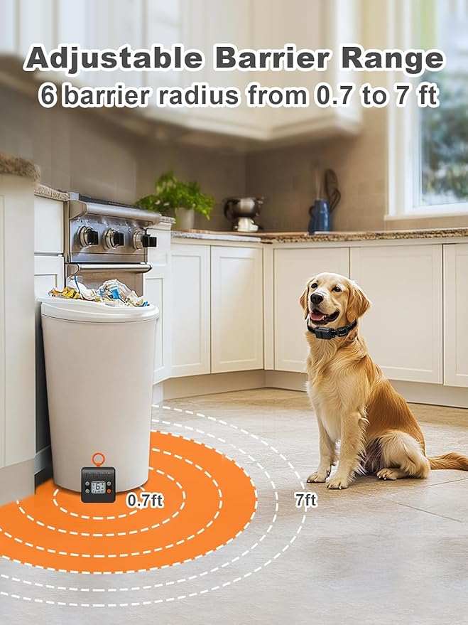 FLYSPEAR Wireless Pet Barrier - Rechargeable Indoor Barrier with 6 Adjustable Range Radius up to 7 ft, 6 Adjustable Safe Static Intensity, Electric Fence System with Hook (Receiver Collar Only)