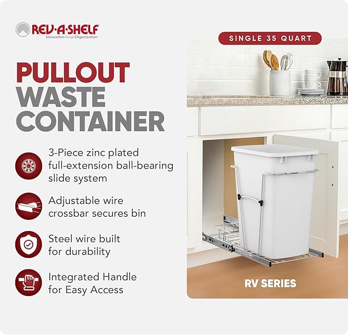 Rev-A-Shelf Pullout Trash Can for Kitchen Cabinets 35 Quart Garbage Waste Recycling Bin with Full Extension Slides, White, RV-12KD-11C