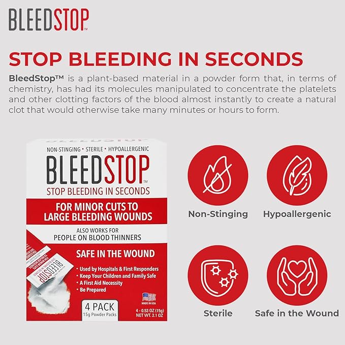 BleedStop™ First Aid Powder for Blood Clotting, Trauma Kit, Blood Thinner Patients, Camping Safety, and Survival Equipment for Moderate to Severe Bleeding Wounds or Nosebleeds - 2 (20g) Pouches