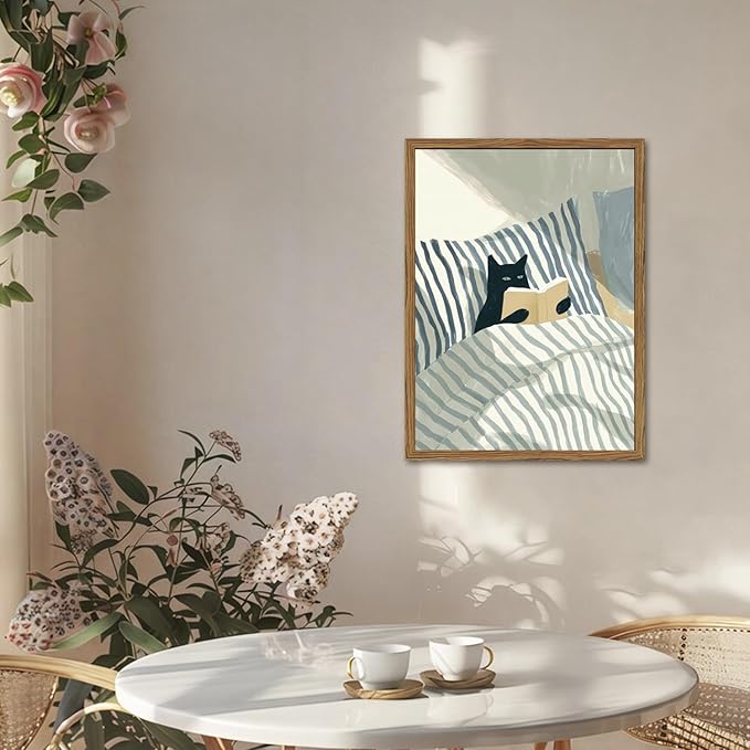 Funny Black Cat Wall Art Painting, Whimsical Cat in Stripe Bed Reading Wall Decor, Cute Animal Book Lover Blue and White Poster Canvas Prints for Bedroom Living Room 16x24 inch Wood Framed