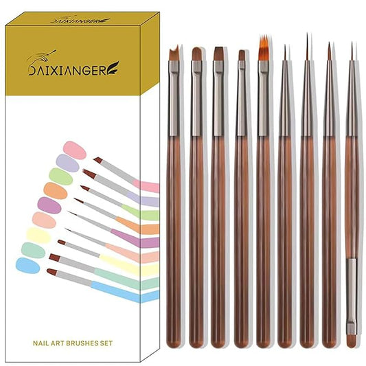 9Pcs Multi-Functional Nail Art Brush Set, Professional Brushes for Gel Polish, French Tip, Ombre, Liner & Clean Up, Manicure Tools for DIY & Salon Nail Design Tools-Brown