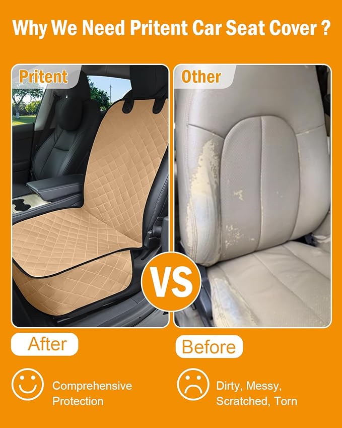 Dog Car Seat Covers Waterproof, Scratch-Proof Pet Front Cover for Cars, Nonslip Pet Passenger Seat Cover Protector, Universal Fit for Cars Trucks SUVs, Medium, Khaki