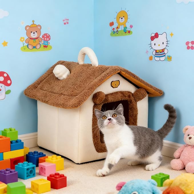 Lovely Cat Bed for Indoor Cats, Cartoon Pattern Cat Cave Bed with Handle Design, Soft Cat Hideaway Indoor Cat House for Kitten, Puppy & Small Pets (M)