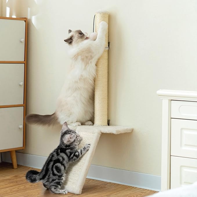Wall-Mounted Cat Scratching Post – Space-Saving Sisal Scratcher with Ramp & Perch, Heavy-Duty Screw Mount for Stability, Protects Furniture, Ideal for Small Apartments & Large Cats, Beige
