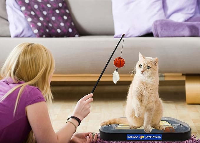 NCAA KANSAS Jayhawks REVERSIBLE Basketball Court Felt Cat Scratcher & 6-in-1 Interactive Cat Wand Poll Toy - Catnip-Filled Plush Basketball & Feathers