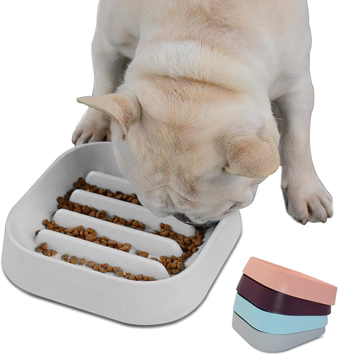 Healthy Slow Feeding Dog Bowl for French Bulldog -Slow Feeder Dog Bowl No Chocking Dog Cat Food Bowl with Striped Shape Pattern (Grey)