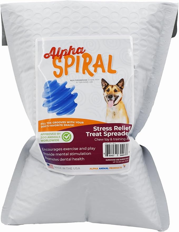 Alpha - Spiral - Heavy-Duty Rubber Dog Enrichment Chew Toy & Treat Spreader - Choose Your Color - 4" L × 3.5" W × 3.5" H (Blue)