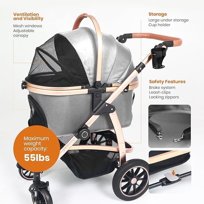 3 in 1 Pet Stroller for Small to Medium Dogs and Cats up to 55 lbs with Detachable Carrier/Car Seat, 34.44x24.21x 42.91, Foldable and Lightweight, Detachable Cushion + Cup Holder (Gray)