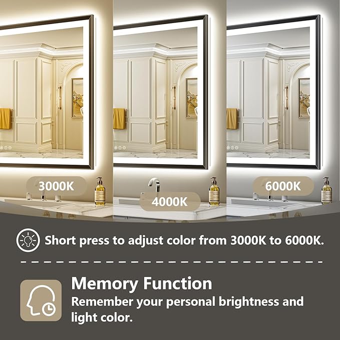 48x38 Black Framed LED Bathroom Mirror with Lights, Backlit and Front Light, Lighted Bathroom Vanity Mirror for Wall Dimmable Anti-Fog Memory Tempered Glass Horizontal/Vertical