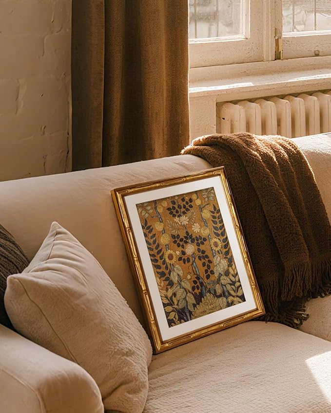 Vintage Botanical Garden Floral Wall Art Frame 11x14, Retro Gold Bamboo-Textured Framed Canvas Print Acrylic Cover, Classic Plant Painting Artwork Living Room Bedroom Entryway Home Décor