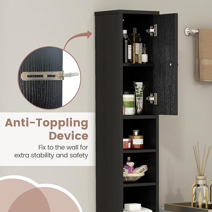 Tangkula Tall Slim Bathroom Storage Cabinet, 71" Freestanding Bathroom Cabinet w/ 2 Doors, 1 Drawer & 5 Adjustable Shelves, Floor Narrow Tower Cabinet for Small Spaces, 8" x 8" x 71" (Black) | Tall, Slim, Freestanding, 2 Doors, 1 Drawer, 5 Adjustable S...