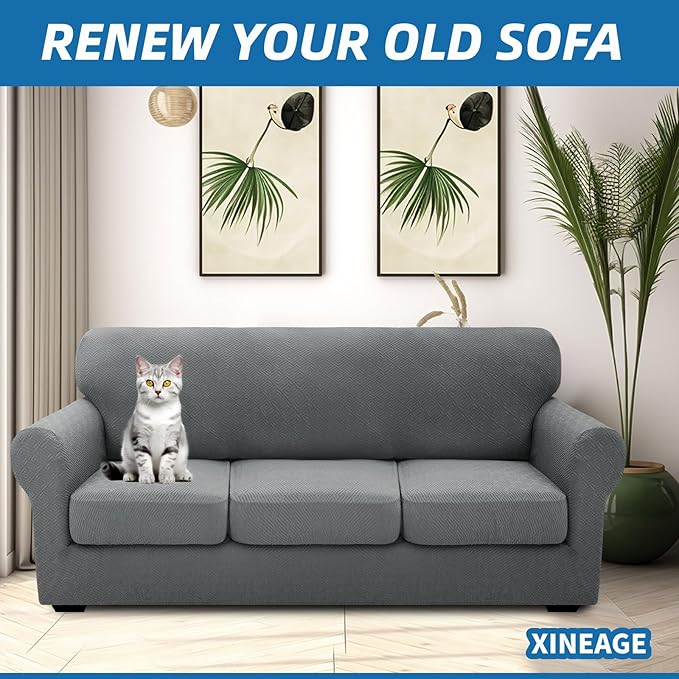 XINEAGE 2025 New 4 Pieces Couch Covers for 3 Cushion Couch Super Stretch Thick Soft Sofa Cover Anti Slip Sofa Slipcover Dogs Cats Furniture Protector (Light Gray, 71"-91")