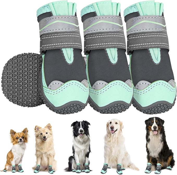 SlowTon Dog Shoes for Large Small Medium Dogs - Waterproof Dog Boots for Summer Hot Pavement, Paw Protector for Outdoor Walking Winter Snow, Anti-Slip Rubber Dog Booties for Hardwood Floor (Green, 4)