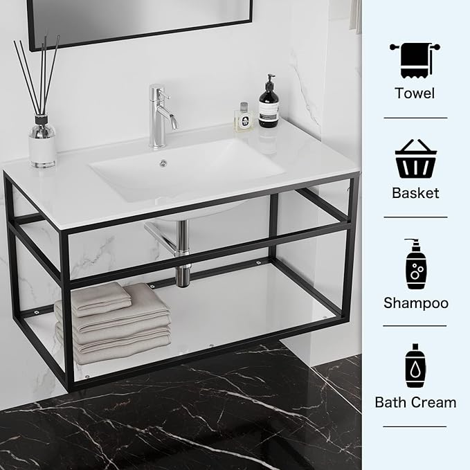 wonline 36 inch Console Bathroom Sink, White Ceramic Vanity Basin with Faucet, Wall Mount Vanity Basin for Bathroom, Laundry Room, Garage, Basement, Indoor, Outdoor