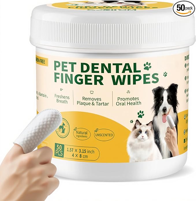 Dental Care Finger Wipes 50 Counts –Disposable Wipes for Dogs & Cats, Plaque & Tartar, Fresh Breath & Gum Health，All Natural Dog Toothbrush & Tooth Brushing Kit（Unscented）