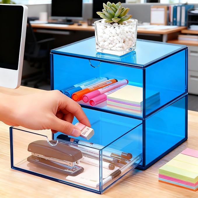 Acrylic Desk Organizer with Drawers Stackable Makeup Organizer for Vanity Office Countertop Cosmetic Display Cases Makeup Storage Box, Sky Blue