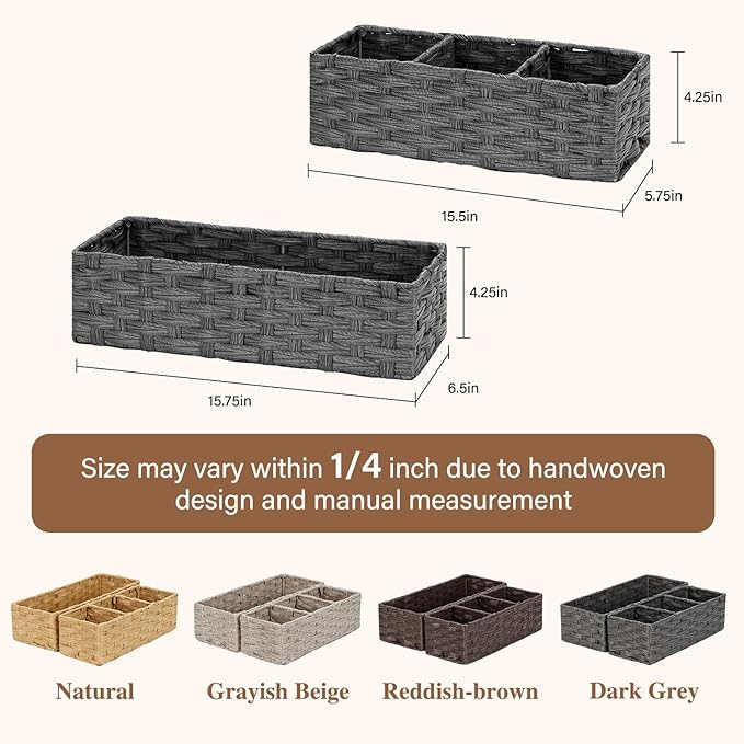 Bidtakay Narrow Wicker Bins for Organizing 2-Pack Dark Grey Decorative Baskets for Washroom Organizer Waterproof Imitation Small Wicker Storage Baskets for Shlef Closet Bedroom Entryway Office Desk