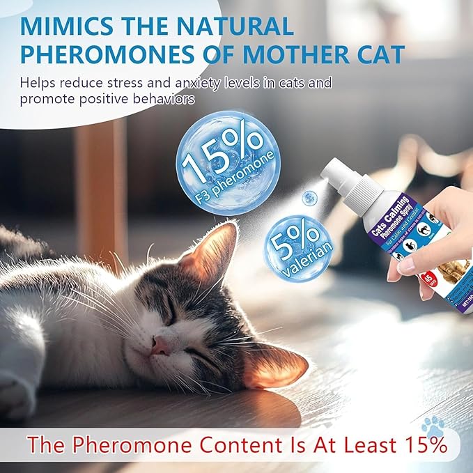 Cat Calming Spray, 15% F3 Cat Pheromone Spray to Help Calm During Travel and Stress and Reduce Urine Spraying, Scratching, Excessive Grooming & Aggression