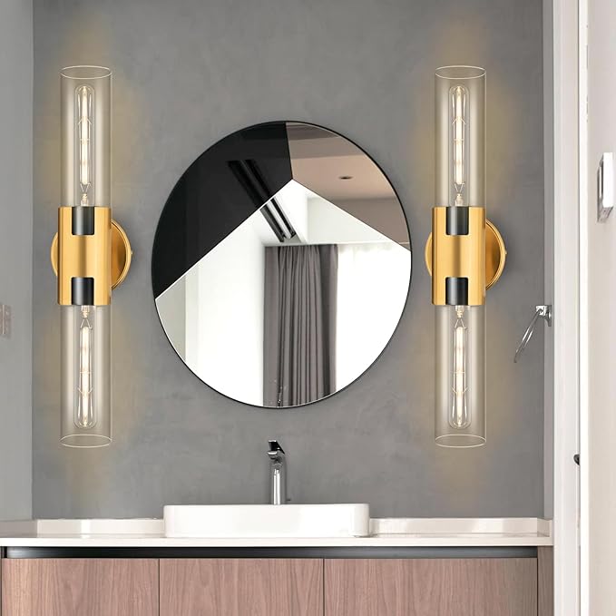 2-Light Bathroom Vanity Light Fixtures, 17.5" Indoor Wall Sconce with Clear Glass, Modern Cylinder Wall Lights for Bathroom, Bedroom, Hallway, Stairways, Living Room (Brushed Gold)