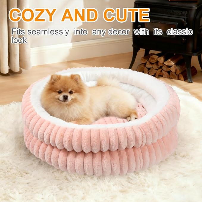 Cat Beds for Indoor Cats,Washable Round Donut Dog Bed,Fluffy Puppy Dogs Beds for Small Dogs with Anti-Slip Bottom (Pink, S)