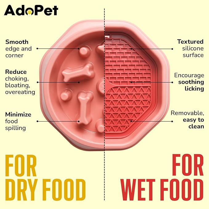 Slow Feeder Dog Bowl with Silicone Lick Mat, Non-Slip Dual Feeding Station for Medium & Large Dogs, Slow Eating Bowl to Help Reduce Fast Eating, Removable Lick Pad (Red)