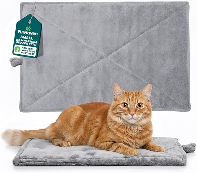 FurHaven ThermaNAP Self Warming Cat Mat/Dog Bed for Crates with Self-Warming Technology for Cozy Rest, Fully Machine Washable, Small, Plush Faux Fur, Gray