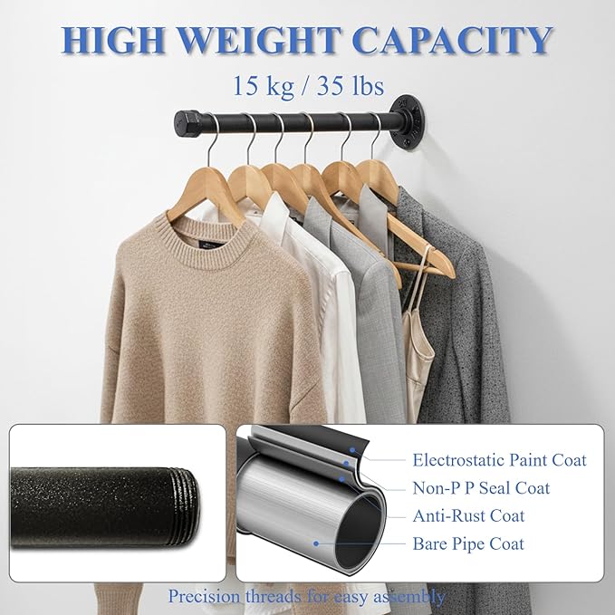 Wall Mounted Clothes Rack, Industrial Pipe Clothing Rack for Hanging Clothes, Heavy Duty Cast Iron Garment Racks for Wardrobe Organizers, DIY Closet Rods Closet Bar (Black 2 Pack, 12 Inch)
