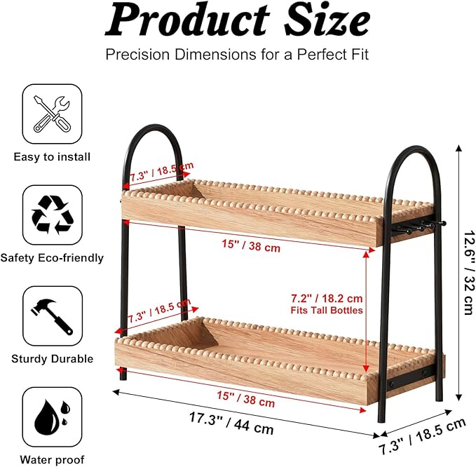 2-Tier Perfume & Makeup Organizer with 8 Jewelry Hooks, Eco-Coated Paulownia Wood Vanity Tray for Bathroom, Coffee Bar & Dresser - Large Storage Shelf for Skincare Bottles (Light Brown & Black)