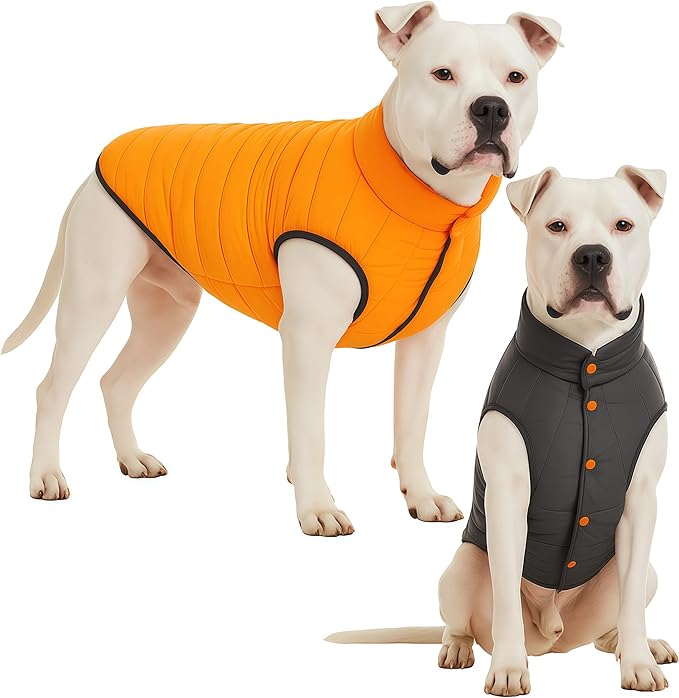 LovinPet Reversible Dog Puffer Coat for Medium & Large Dogs, Down‑Insulated Winter Jacket, Water‑Resistant & Wind‑Resistant, Anti‑Static, Dual-Sided Orange & Grey for Cold Weather,L