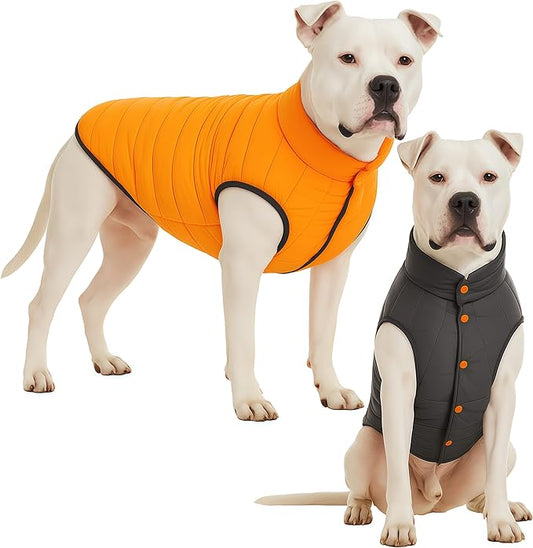 LovinPet Reversible Dog Puffer Coat for Medium & Large Dogs, Down‑Insulated Winter Jacket, Water‑Resistant & Wind‑Resistant, Anti‑Static, Dual-Sided Orange & Grey for Cold Weather,L