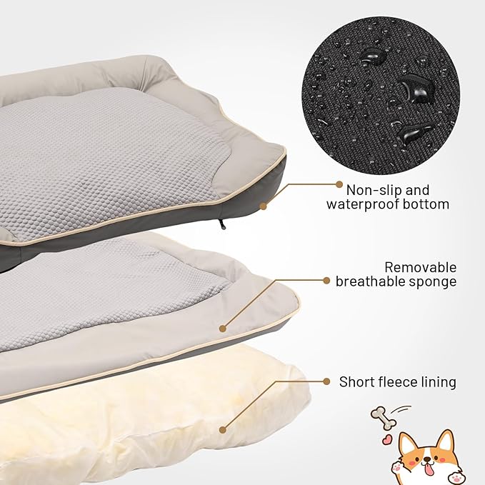 Waterproof Orthopedic Dog Bed for Large Dogs - Cooling PU Fabric, Removable Washable Cover, Small-Size Pet Bed for Dogs & Crate Use