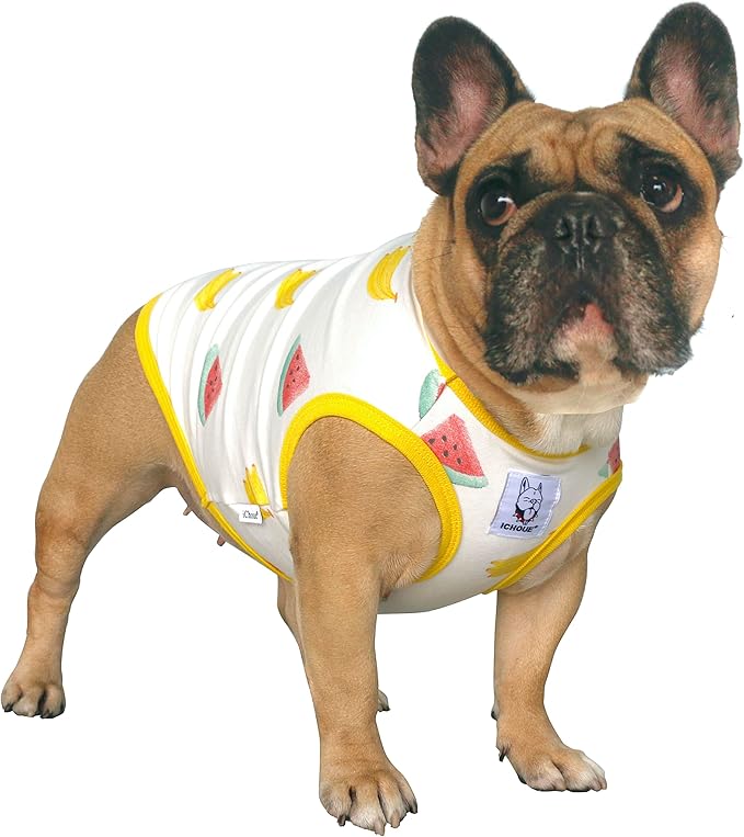 iChoue 2pcs French Bulldog Fruits Pattern Shirts 100% Breathable Cotton Tank Tops Vests Clothes for Frenchie Dogs, Lemon and Watermelon, Large