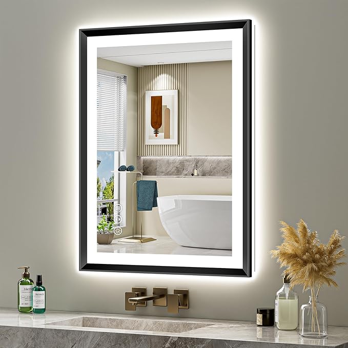 28x36 Black Framed LED Bathroom Mirror with Lights, Backlit and Front Light, Lighted Bathroom Vanity Mirror for Wall Dimmable Anti-Fog Memory Tempered Glass Horizontal/Vertical