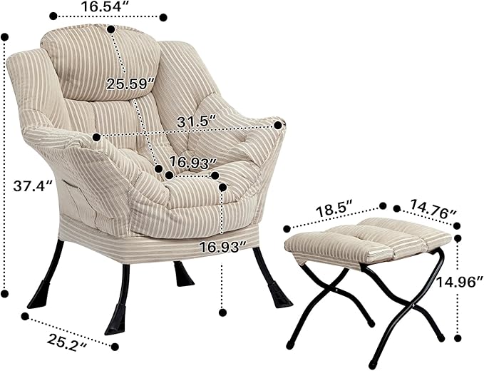HollyHOME Lazy Chair with Foldable Ottoman, Accent Comfy Lounge Armchair and Folding Footrest Stool, Leisure Sofa Reading Chair and Footstool for Living Room, Bedroom, Dorm,Beige Stripe