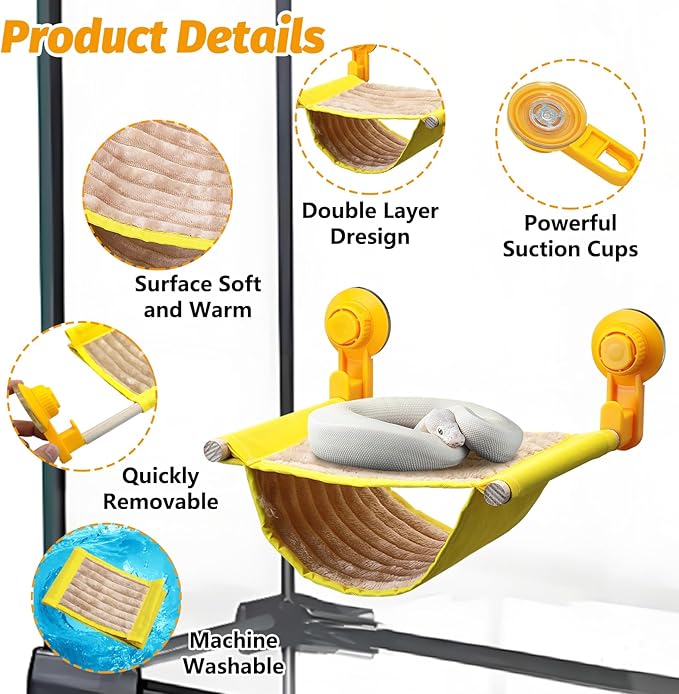 BNOSDM Bearded Dragon Windows Perch Reptile Hammock with Strong Suction Cups Soft Warm Lizards Bed Double Layered Cage Accessories for Chameleon Geckos Snakes (Yellow)