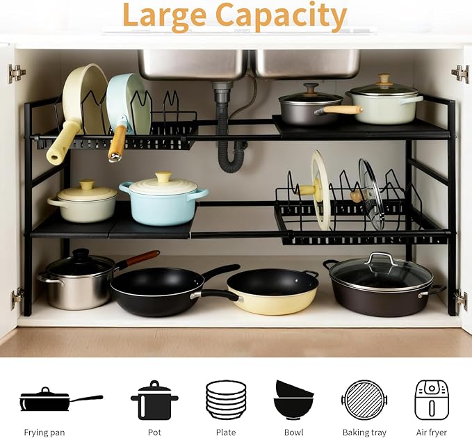Pots and Pans Organizer Under Cabinet, Expandable Length, Adjustable Height Under Sink Shelf 2 Tier with 10 Dividers Under Sink Organizer, Pot and Pan Lid Holder Rack (Black)