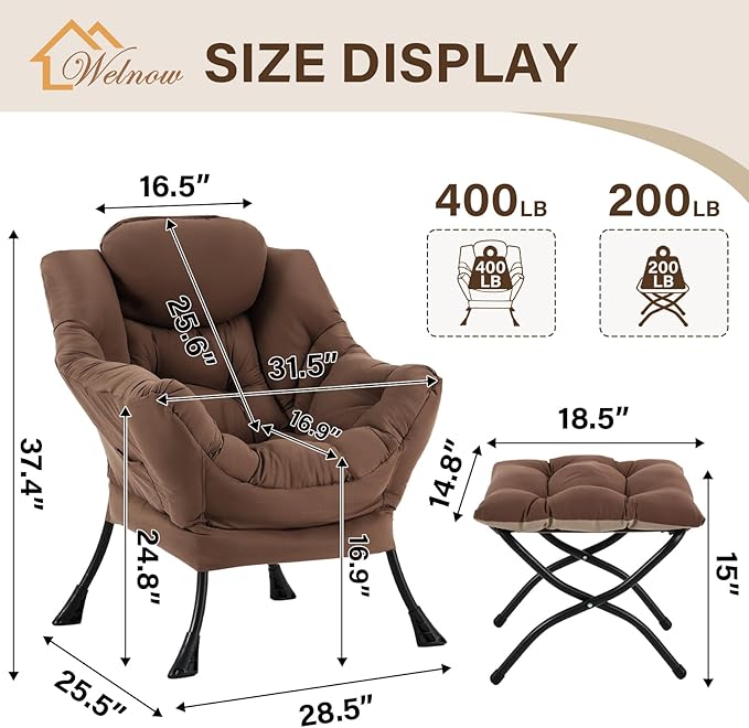 Welnow Lazy Chair with Ottoman, Modern Lounge Accent Armchair with Armrests and a Side Pocket, Leisure Sofa Armchair Set, Reading Chair with Footrest for Small Space, Dark Brown