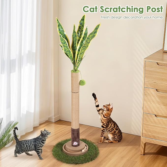 Cat Scratching Post, 35 Inch Tall Cat Scratcher Cat Tree Tower with Hanging Ball for Indoor Cats Adults,Sisal Rope Kitten Scratch with Interactive Mouse Cat Toy (41in, Snake Plant Leaves)