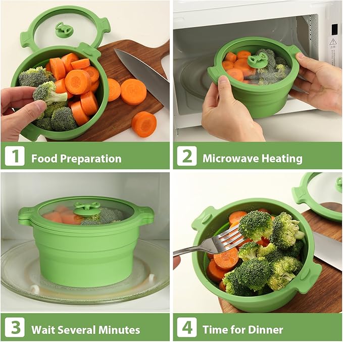 Collapsible Silicone Microwave Cookware Cooker Steamer for Cooking with Lids, 1.4L Glass Food Storage Container Sealed Bowl Mixing Bowls 2pc Set BPA Free