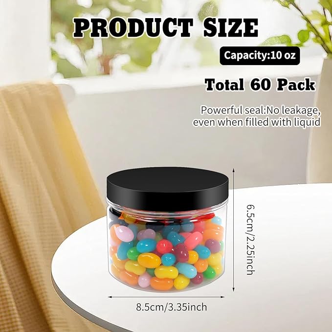 60 Pcs 10 oz Clear Plastic Jars Containers Cylinder Round Containers Airtight Screw Wide Mouth Storage Jars with Lids for Food Kitchen Honey Butter Cosmetics(Black)