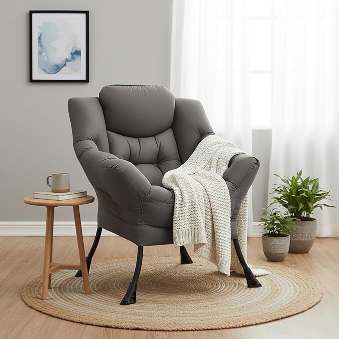 Welnow Lazy Chair for Living Room, Modern Reading Lounge Accent Chair with Armrests and a Side Pocket, Leisure Upholstered Lazy Sofa for Small Space, Bedroom, Dorm, Dark Grey