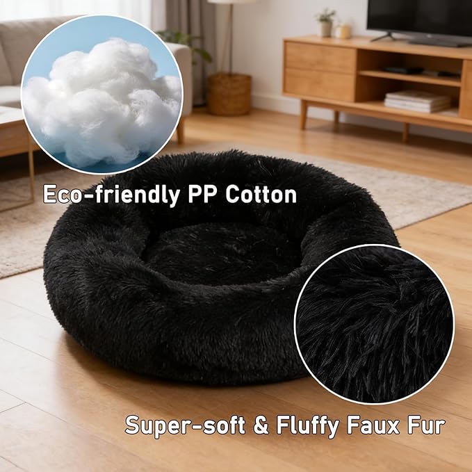 Calming Donut Dog Beds for Small Dogs Cats - Washable Removable Cover Non-Slip Bottom, Round Pet Bed Puppy Bed Warming Fluffy Faux Fur Anti-Anxiety, Fits up to 25 lbs (Black, 23")