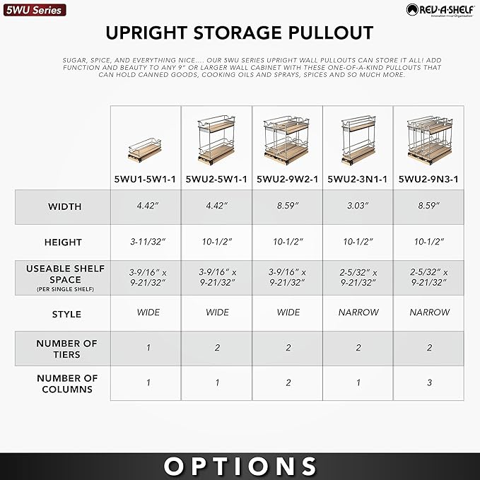 Rev-A-Shelf 9" Pullout Organizer, 2 Tier Triple Narrow Upright Shelf, 5WU2-9N3-1