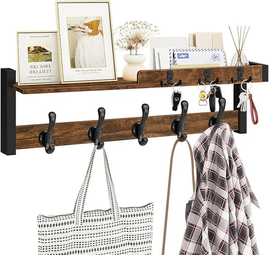 Homode Coat Rack Wall Mount with Shelf, Entryway Coat Hanger with Key Hooks and Mail Holder, 29 Inch Wood Floating Shelf with Hooks and Storage, Key Holder Mail Organizer, Rustic Brown