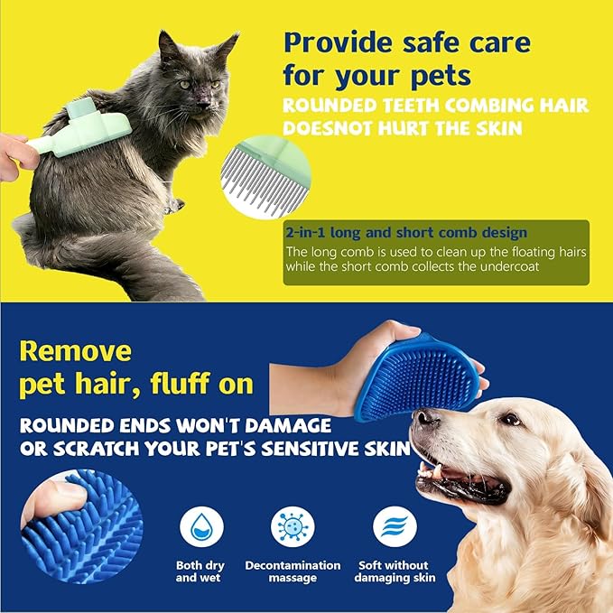2026New 4-in-1 Pet Hair Removal Kit - Refillable Lint Roller + Self-Cleaning Deshedding Comb + Electrostatic Glove + Soft Rubber Bath Brush, Multi-Surface Hair Remover for Cats/Dogs/Clothes/Yellow